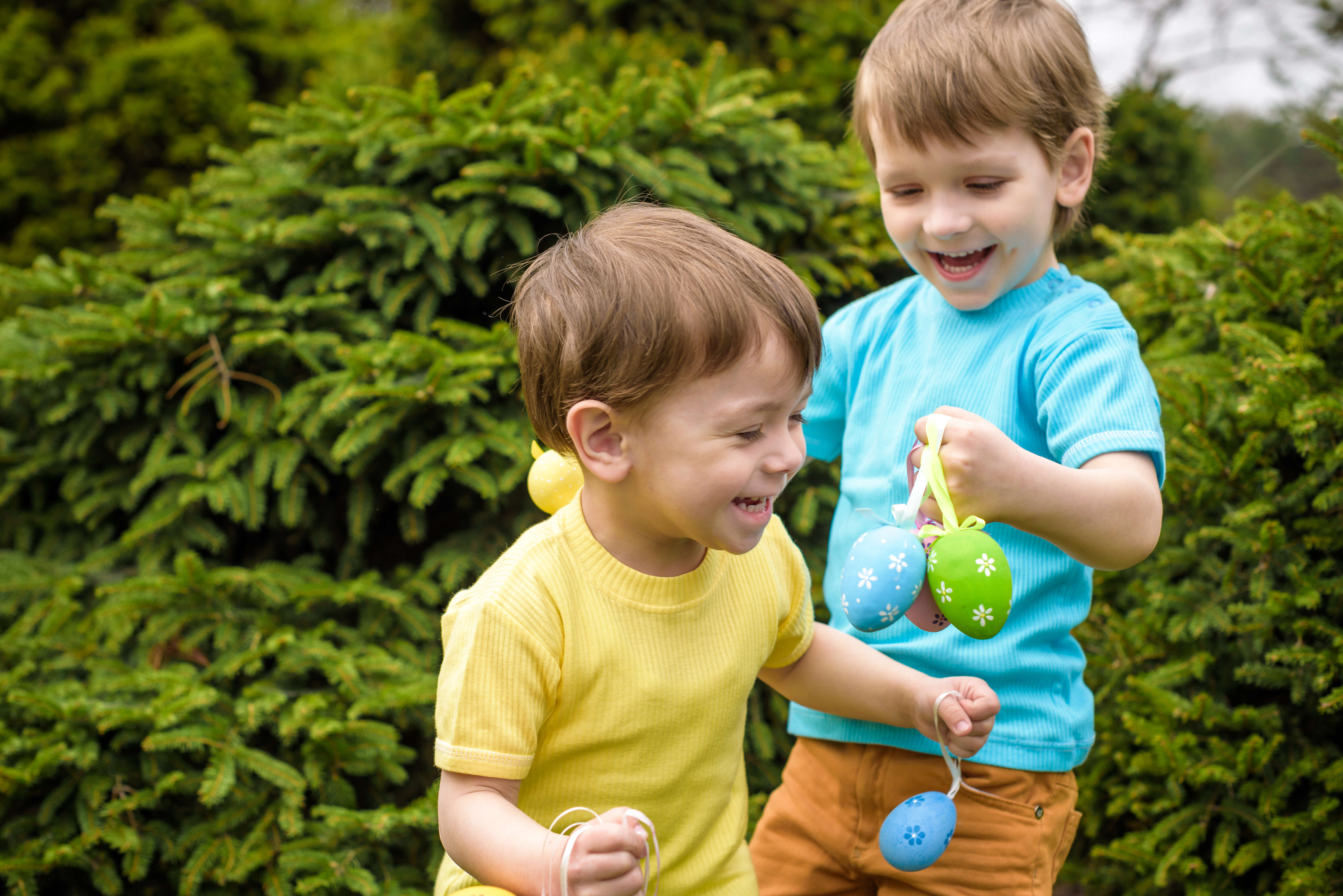 Kids on Easter egg hunt in blooming spring garden. Children searching for colorful eggs in flower meadow. Toddler boy and his brother friend kid boy play outdoors.